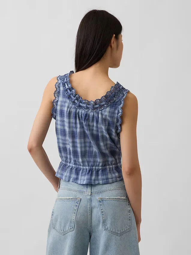 Crop-Top mit Peplum und Ösen-Bindeband vorne