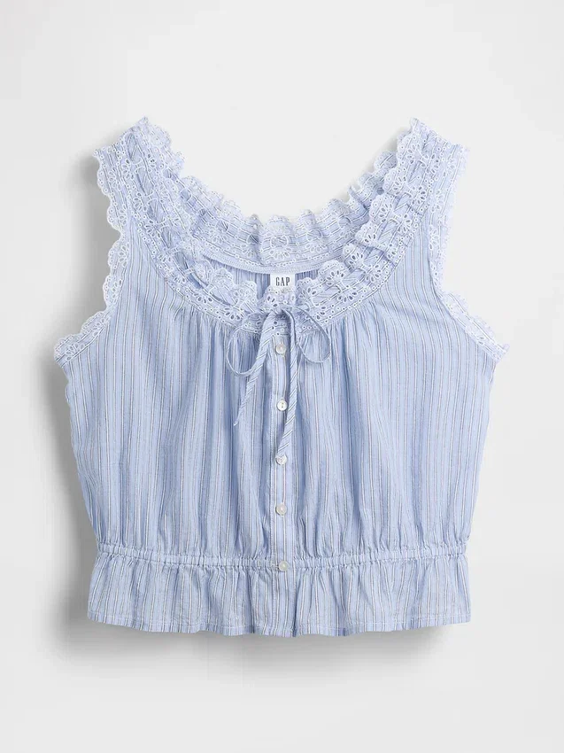 Crop-Top mit Peplum und Ösen-Bindeband vorne