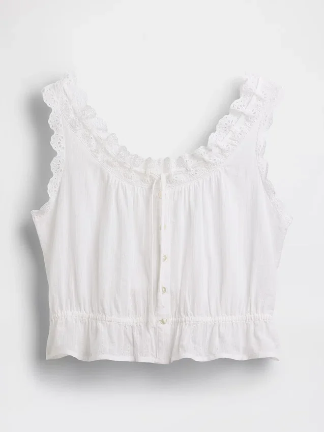 Crop-Top mit Peplum und Ösen-Bindeband vorne