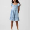 Denim-Kleid mit Flatterärmeln und Herzausschnitt
