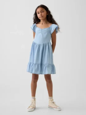 Denim-Kleid mit Flatterärmeln und Herzausschnitt