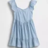 Denim-Kleid mit Flatterärmeln und Herzausschnitt