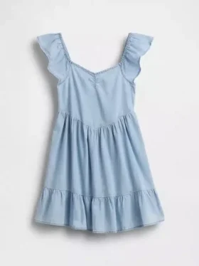 Denim-Kleid mit Flatterärmeln und Herzausschnitt