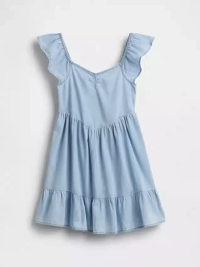 Denim-Kleid mit Flatterärmeln und Herzausschnitt