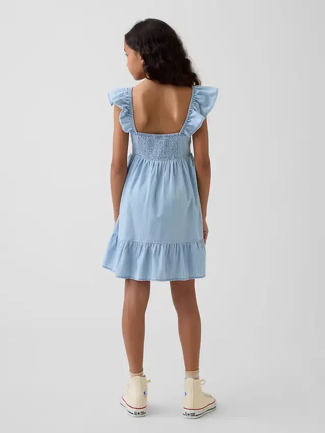 Denim-Kleid mit Flatterärmeln und Herzausschnitt