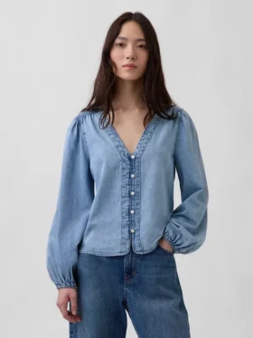Denim-Oberteil mit Puffärmeln
