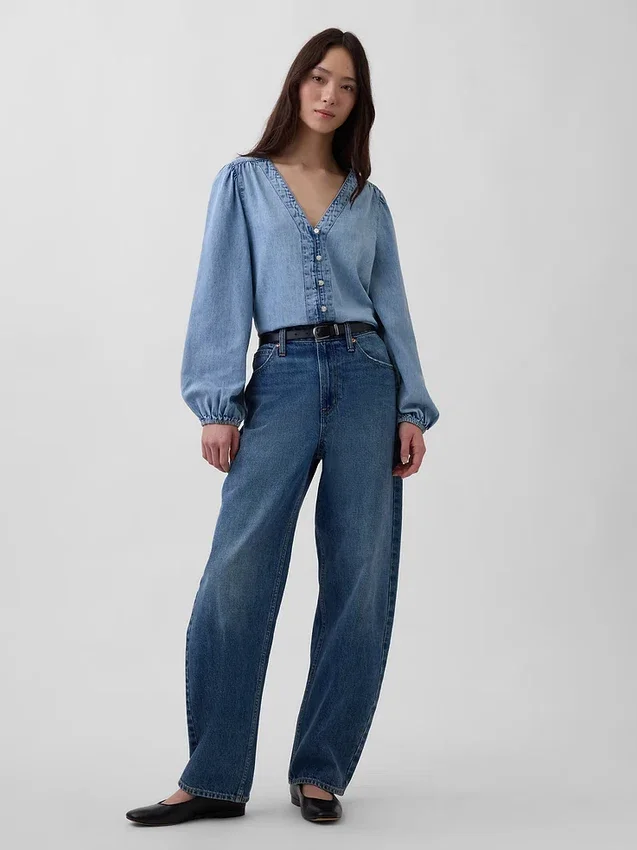 Denim-Oberteil mit Puffärmeln