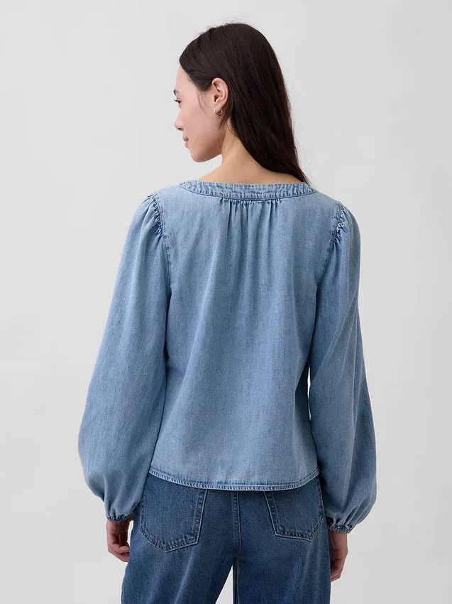 Denim-Oberteil mit Puffärmeln