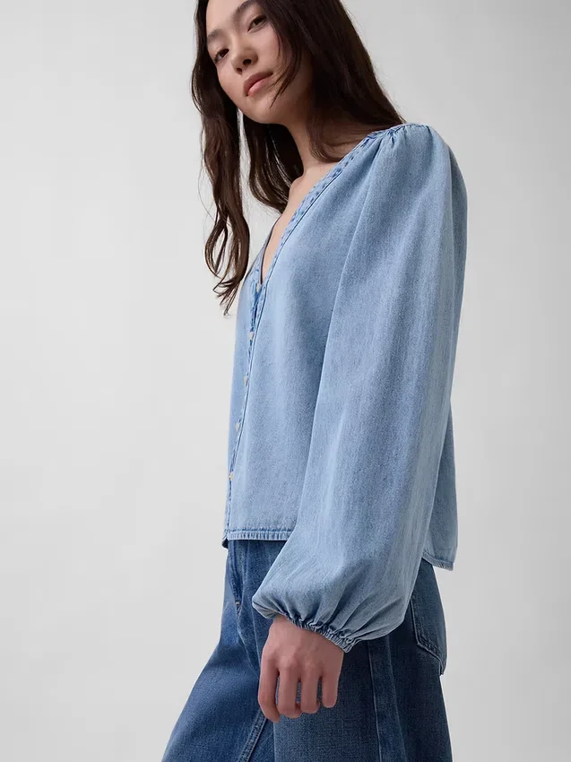 Denim-Oberteil mit Puffärmeln
