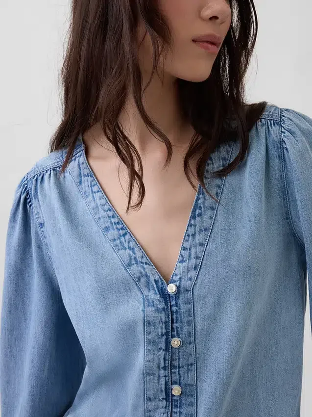 Denim-Oberteil mit Puffärmeln