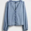 Denim-Oberteil mit Puffärmeln