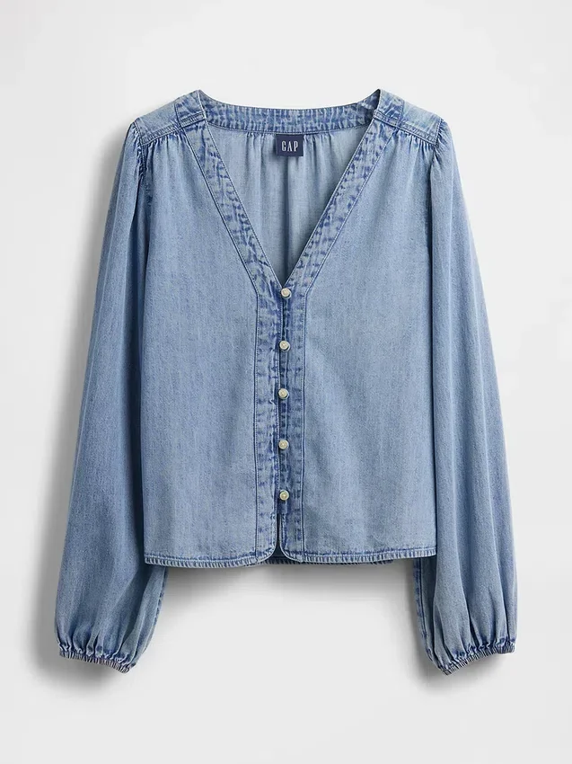 Denim-Oberteil mit Puffärmeln