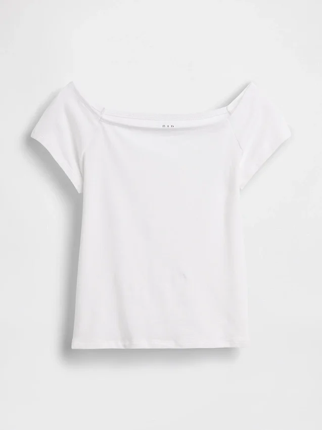 Engmaschiges Jersey-T-Shirt im Off-Shoulder-Crop-Stil