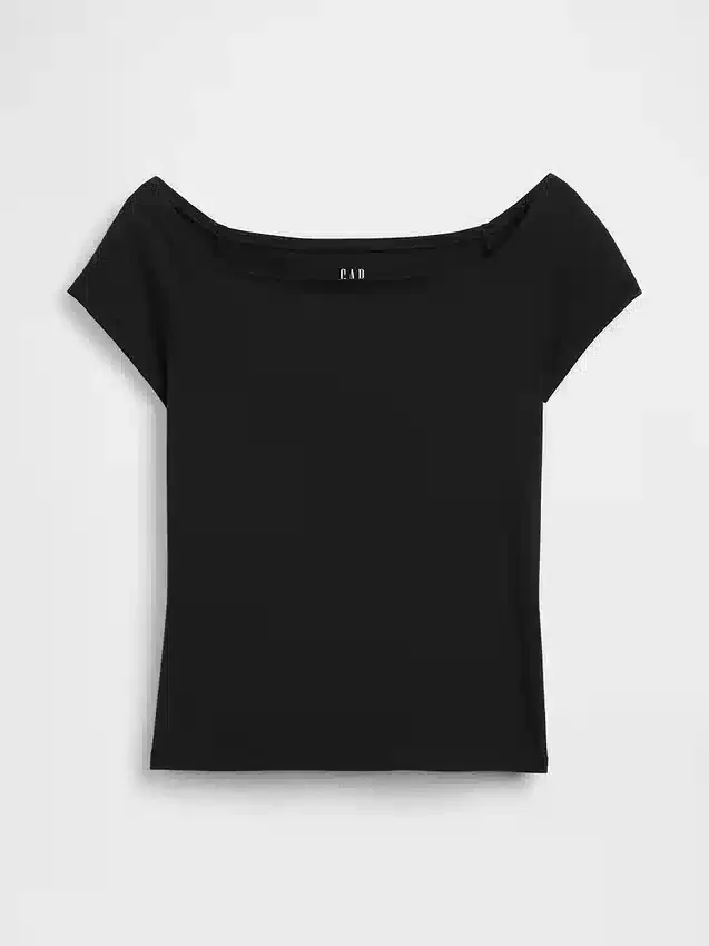 Engmaschiges Jersey-T-Shirt im Off-Shoulder-Crop-Stil