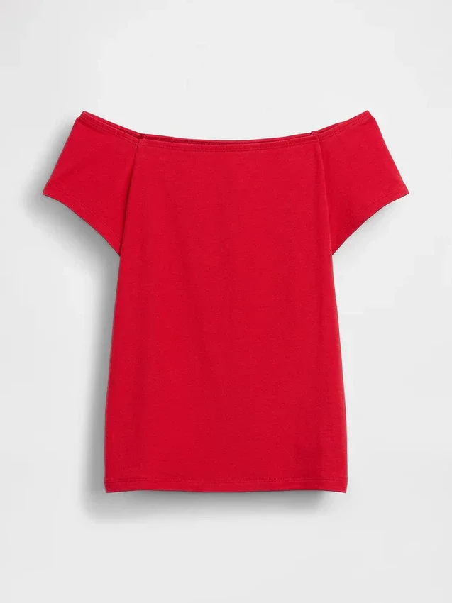 Engmaschiges Jersey-T-Shirt im Off-Shoulder-Crop-Stil