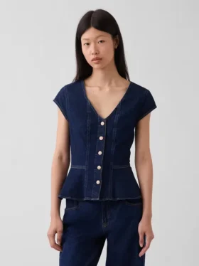 Figurbetontes Denim-Oberteil mit Flügelärmeln und Schößchen