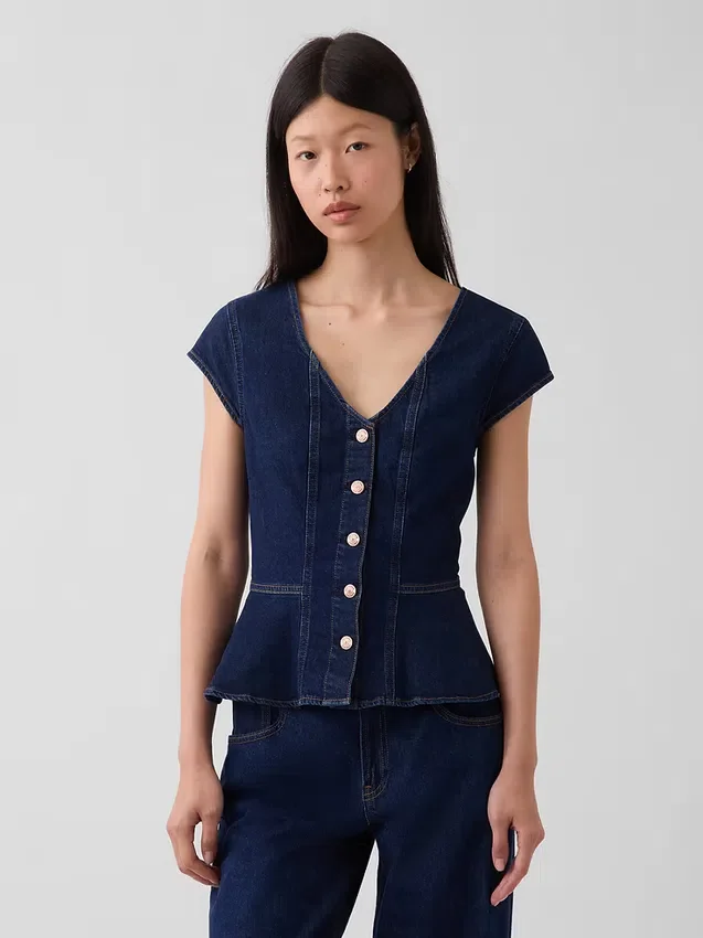 Figurbetontes Denim-Oberteil mit Flügelärmeln und Schößchen