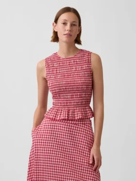 Gesmoktes Gingham-Peplum-Oberteil in verkürzter Länge