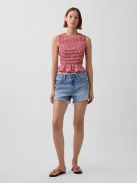Gesmoktes Gingham-Peplum-Oberteil in verkürzter Länge
