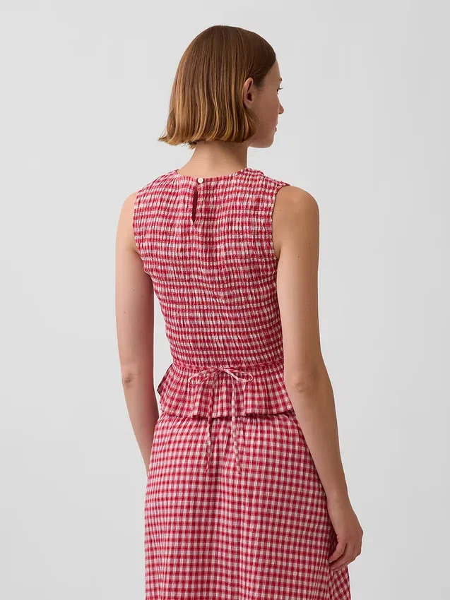 Gesmoktes Gingham-Peplum-Oberteil in verkürzter Länge