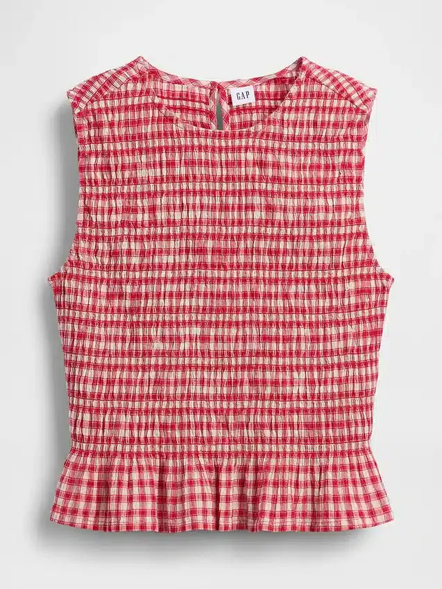 Gesmoktes Gingham-Peplum-Oberteil in verkürzter Länge