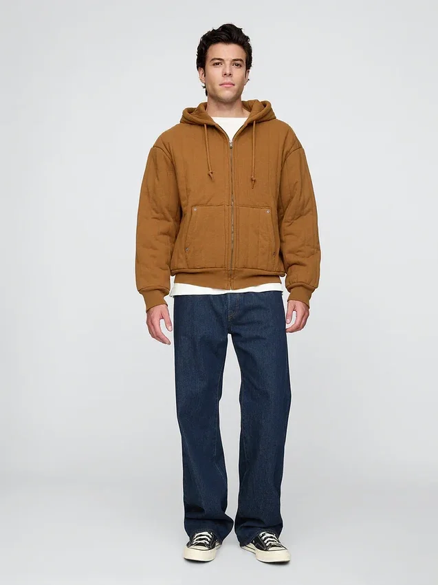 Gesteppter Kapuzenpullover mit Reißverschluss und Waffelpiqué-Futter