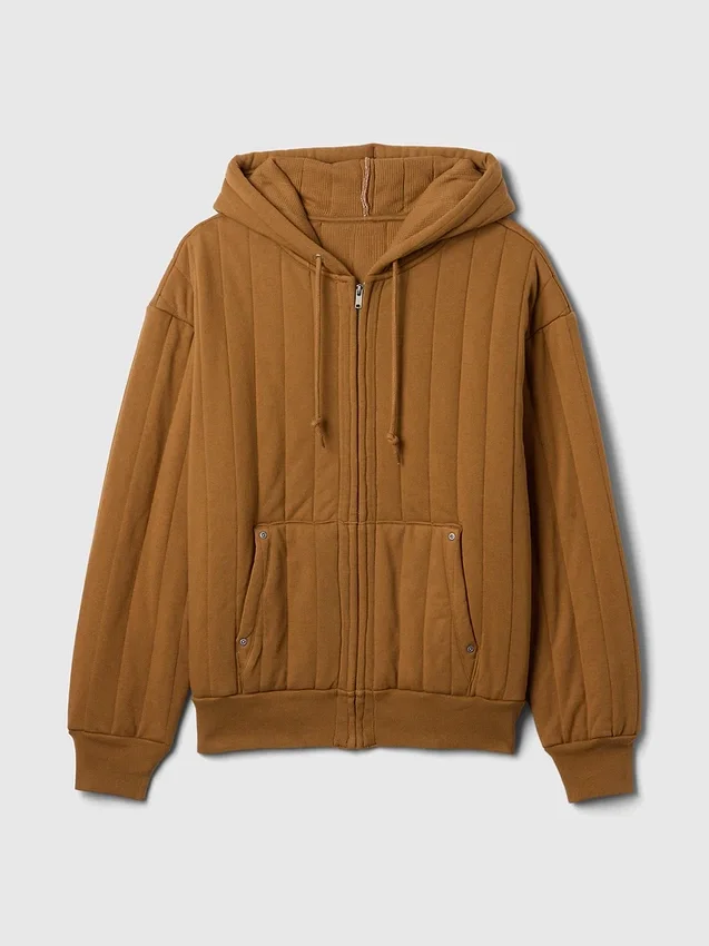Gesteppter Kapuzenpullover mit Reißverschluss und Waffelpiqué-Futter