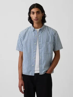 Gingham-Denim-Hemd mit geradem Saum in lockerer Passform