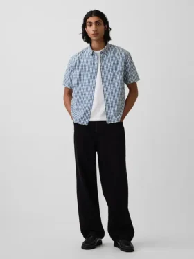 Gingham-Denim-Hemd mit geradem Saum in lockerer Passform