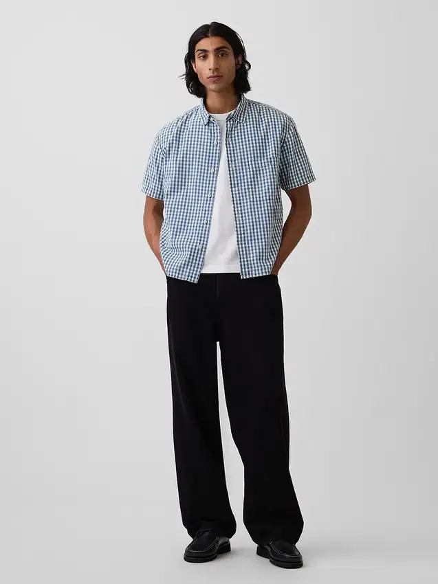 Gingham-Denim-Hemd mit geradem Saum in lockerer Passform