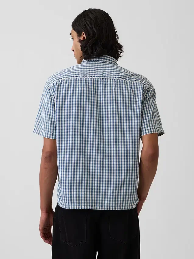 Gingham-Denim-Hemd mit geradem Saum in lockerer Passform