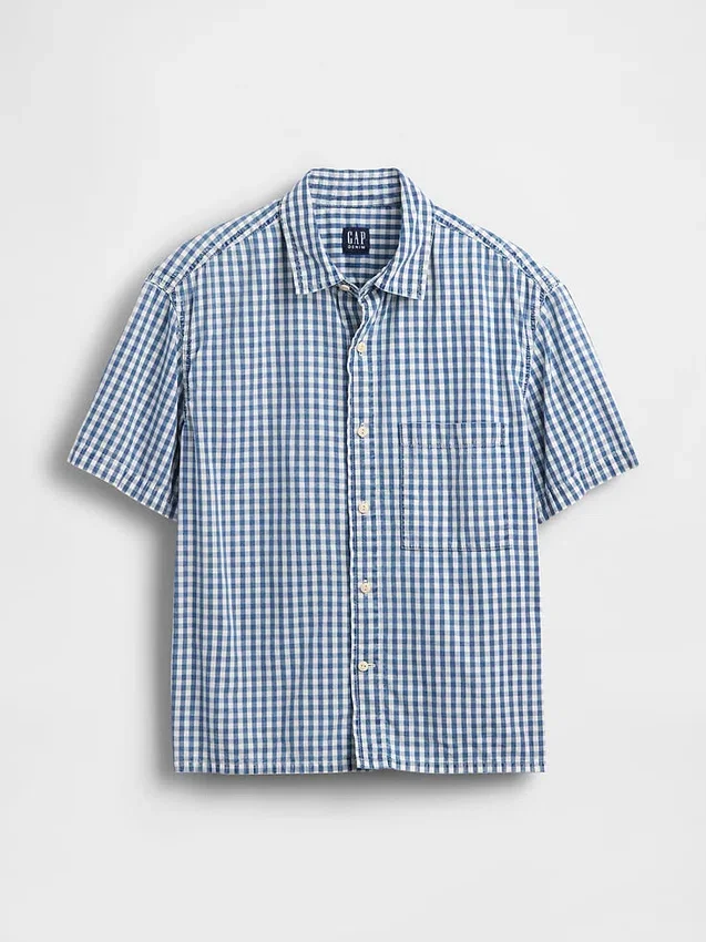 Gingham-Denim-Hemd mit geradem Saum in lockerer Passform
