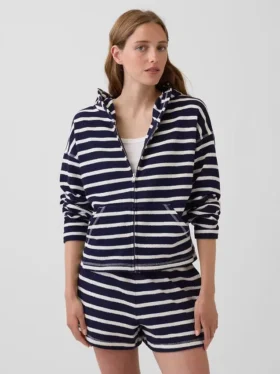 Hoodie aus Frottee mit Reißverschluss und übergroßen Streifen