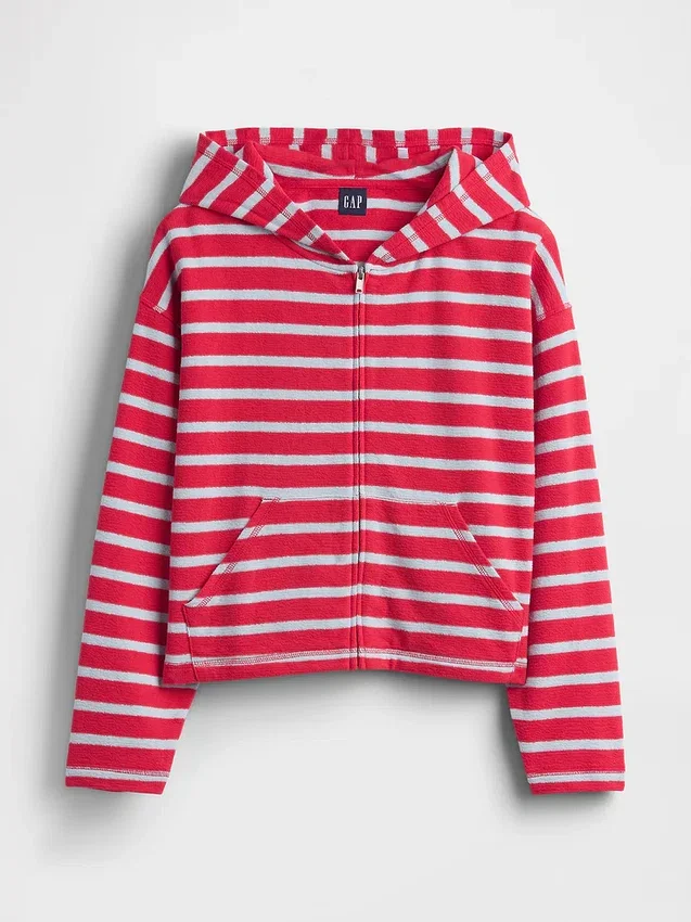 Hoodie aus Frottee mit Reißverschluss und übergroßen Streifen