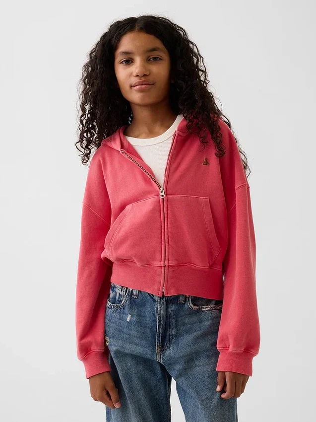 Kinder-Hoodie „Vintagesoft“ aus Frottee mit Keilkragen und durchgehendem Reißverschluss