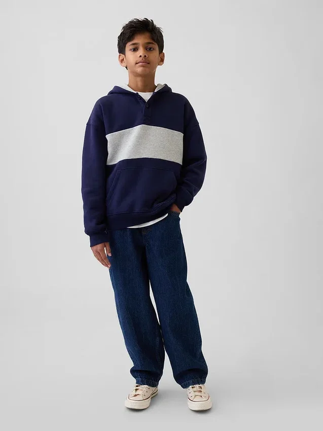 Kinder-Hoodie „Vintagesoft“ in lockerer Passform mit Henley-Kragen