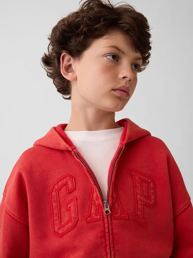 Kinder-Hoodie „Vintagesoft“ mit lockerem Schnitt und Logo-Reißverschluss