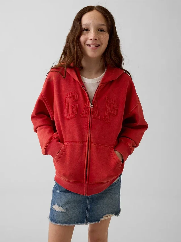 Kinder-Hoodie „Vintagesoft“ mit lockerem Schnitt und Logo-Reißverschluss
