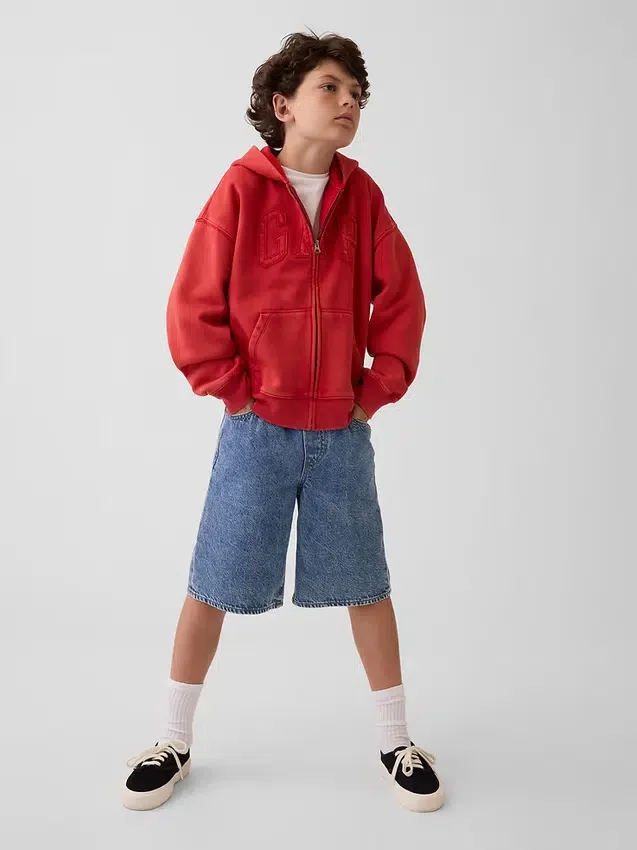 Kinder-Hoodie „Vintagesoft“ mit lockerem Schnitt und Logo-Reißverschluss