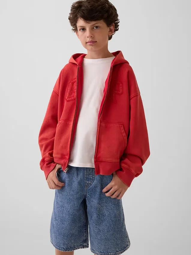 Kinder-Hoodie „Vintagesoft“ mit lockerem Schnitt und Logo-Reißverschluss