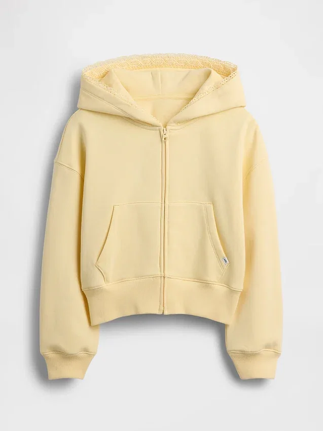 Kinder-Hoodie „Vintagesoft“ mit lockerer Passform, Spitzenbesatz und durchgehendem Reißverschluss