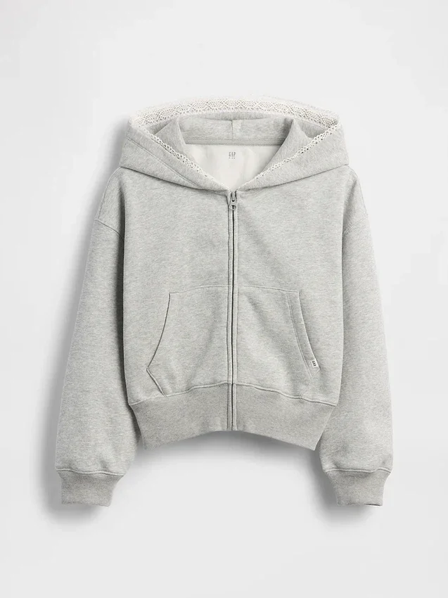 Kinder-Hoodie „Vintagesoft“ mit lockerer Passform, Spitzenbesatz und durchgehendem Reißverschluss