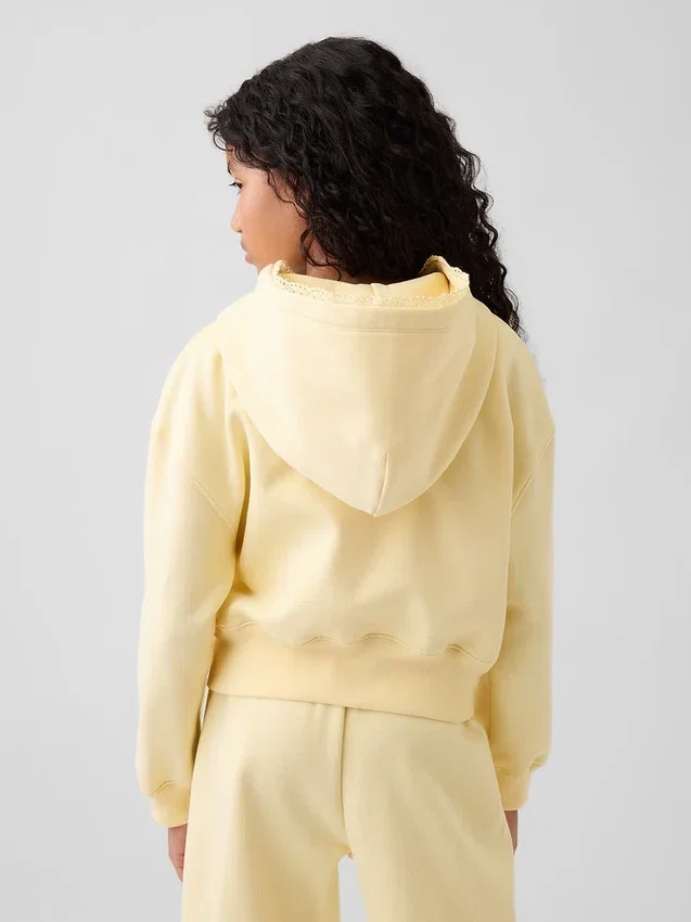 Kinder-Hoodie „Vintagesoft“ mit lockerer Passform, Spitzenbesatz und durchgehendem Reißverschluss