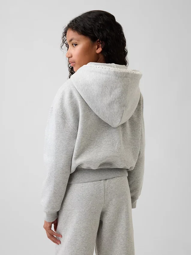 Kinder-Hoodie „Vintagesoft“ mit lockerer Passform, Spitzenbesatz und durchgehendem Reißverschluss