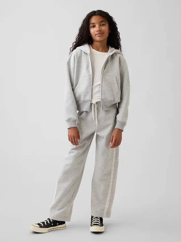 Kinder-Hoodie „Vintagesoft“ mit lockerer Passform, Spitzenbesatz und durchgehendem Reißverschluss