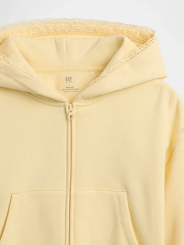 Kinder-Hoodie „Vintagesoft“ mit lockerer Passform, Spitzenbesatz und durchgehendem Reißverschluss