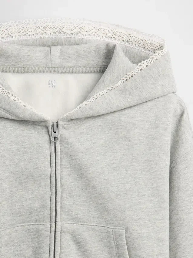 Kinder-Hoodie „Vintagesoft“ mit lockerer Passform, Spitzenbesatz und durchgehendem Reißverschluss