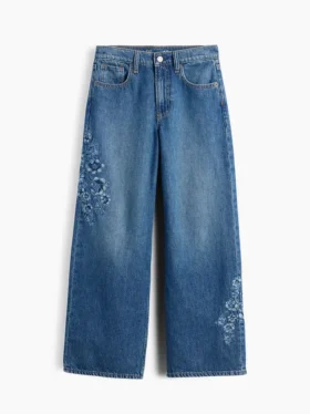 Kinder-Jeans mit niedriger Leibhöhe, weitem Bein und Blumenstickerei