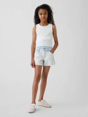Kinder-Jeans-Shorts mit niedriger Leibhöhe, „Stride“-Stickerei und Zitronenmuster