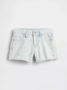 Kinder-Jeans-Shorts mit niedriger Leibhöhe, „Stride“-Stickerei und Zitronenmuster